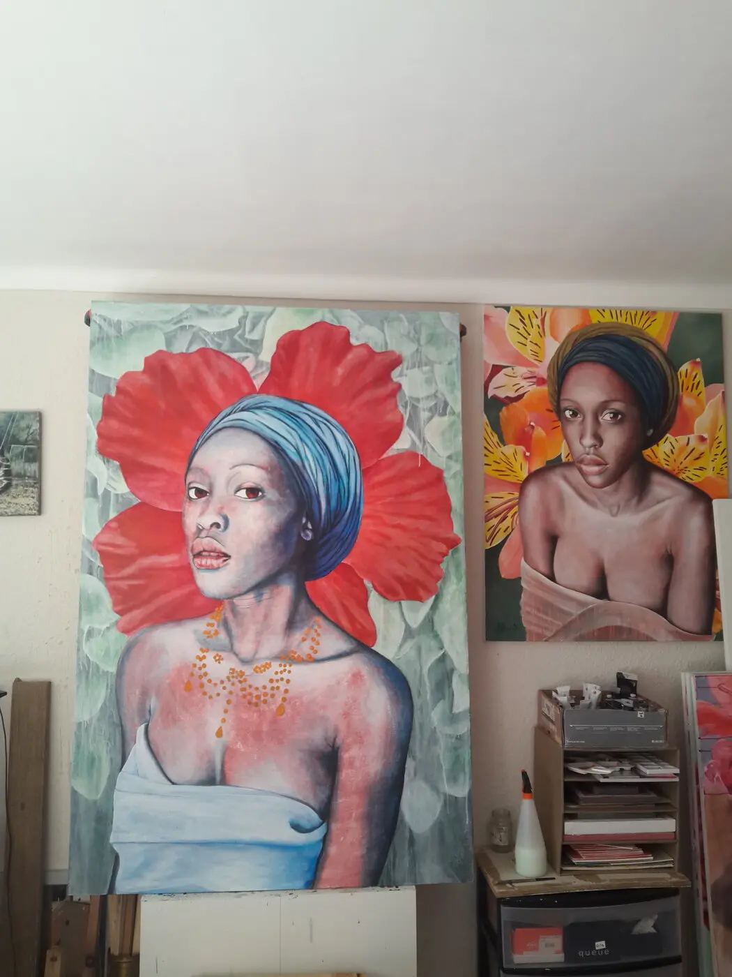 Progressing underpainting for an acrylic portrait about drought