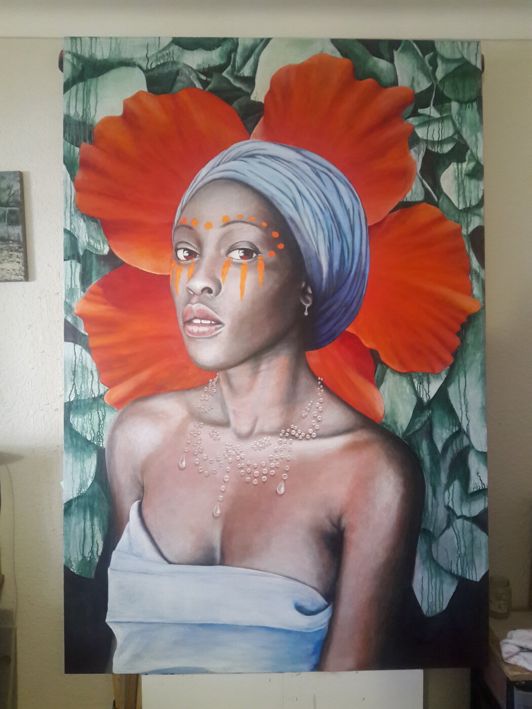 Adding more detail to an acrylic portrait about drought